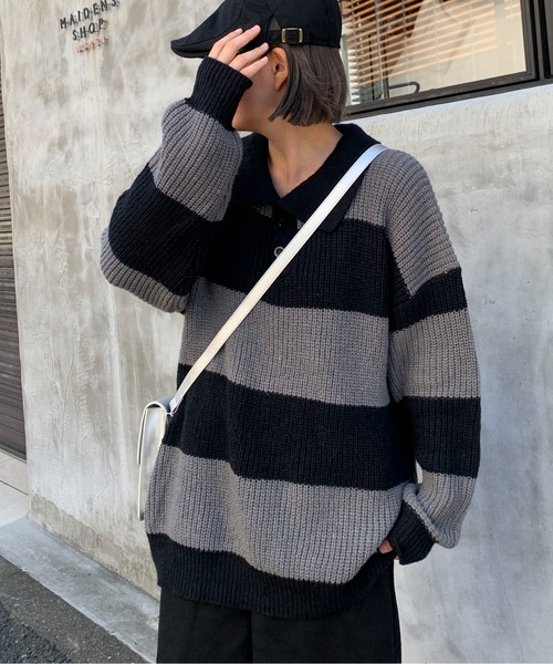 link lot（リンクロット）の「ルーズフィット ワイドボーダー ポロシャツニット（ポロシャツ・メンズ・ブラック・M）」の16枚目の写真