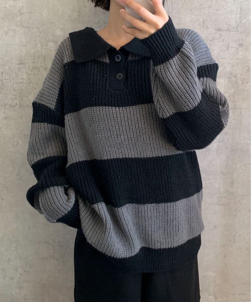 link lot（リンクロット）の「ルーズフィット ワイドボーダー ポロシャツニット（ポロシャツ・メンズ・ブラック・M）」の13枚目の写真