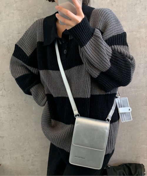 link lot（リンクロット）の「ルーズフィット ワイドボーダー ポロシャツニット（ポロシャツ・メンズ・ブラック・M）」の14枚目の写真