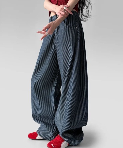 ワイドシルエット ストライプデニムパンツ（デニムパンツ
