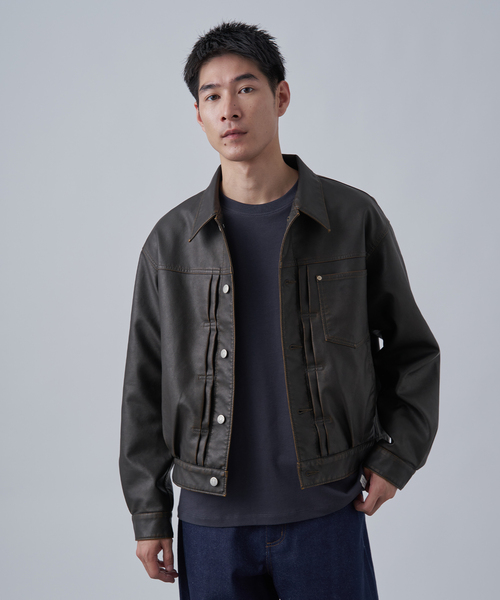 セール】フェード加工 フェイクレザー トラッカージャケット