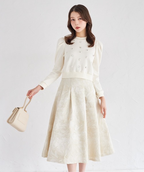 tocco closet(トッコ クローゼット)の「ラメジャガード後ろレースアップタックスカート(スカート・レディース・ベージュ/ピンクベージュ・M)」の1枚目の写真