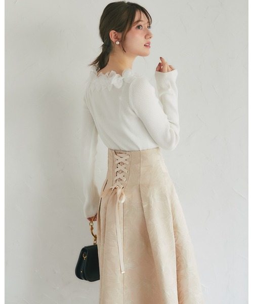 tocco closet(トッコ クローゼット)の「ラメジャガード後ろレースアップタックスカート(スカート・レディース・ベージュ/ピンクベージュ・M)」の7枚目の写真