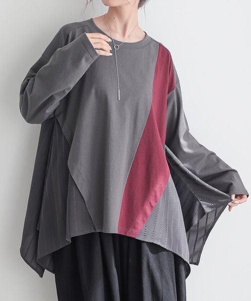 n'OrLABEL(ノアールレーベル)の「裾ヘム異素材切替えカットソー(Tシャツ/カットソー・レディース・ブラック/チャコール/ベージュ・FREE)」の2枚目の写真