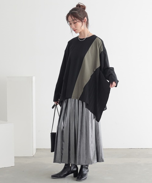 n'OrLABEL(ノアールレーベル)の「裾ヘム異素材切替えカットソー(Tシャツ/カットソー・レディース・ブラック/チャコール/ベージュ・FREE)」の5枚目の写真