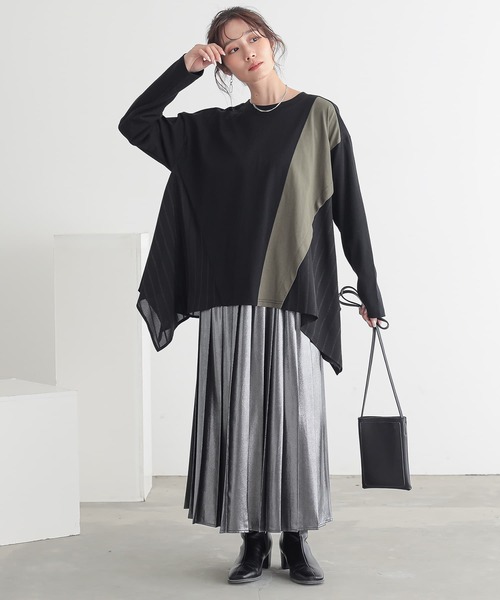 n'OrLABEL(ノアールレーベル)の「裾ヘム異素材切替えカットソー(Tシャツ/カットソー・レディース・ブラック/チャコール/ベージュ・FREE)」の4枚目の写真