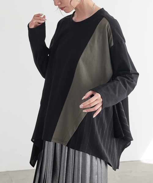 n'OrLABEL(ノアールレーベル)の「裾ヘム異素材切替えカットソー(Tシャツ/カットソー・レディース・ブラック/チャコール/ベージュ・FREE)」の6枚目の写真