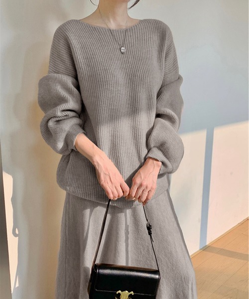 セール】セットアップ ボートネックリブニット&ニットフレアロング