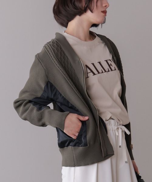 Bou Jeloud（ブージュルード）の「ケーブル布帛ドッキングジップブルゾン（カーディガン/ボレロ・レディース・カーキ/ブラック・FREE）」の4枚目の写真