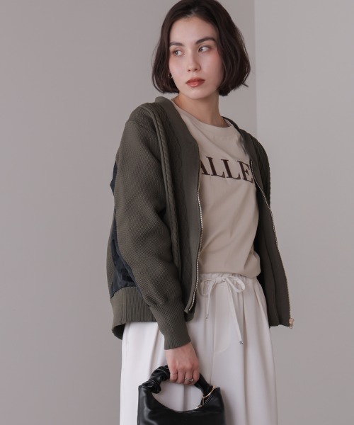 Bou Jeloud（ブージュルード）の「ケーブル布帛ドッキングジップブルゾン（カーディガン/ボレロ・レディース・カーキ/ブラック・FREE）」の6枚目の写真