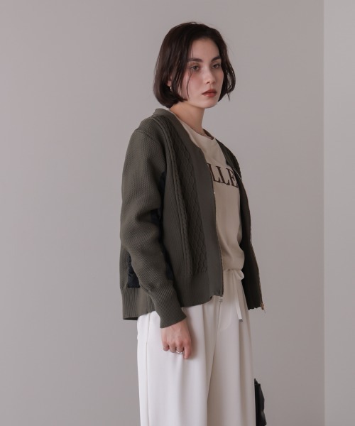 Bou Jeloud（ブージュルード）の「ケーブル布帛ドッキングジップブルゾン（カーディガン/ボレロ・レディース・カーキ/ブラック・FREE）」の8枚目の写真