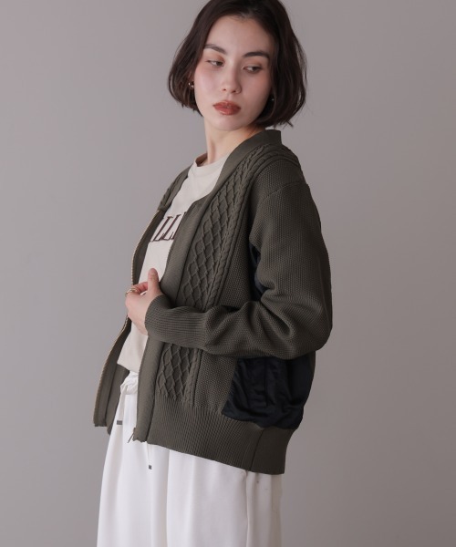 Bou Jeloud（ブージュルード）の「ケーブル布帛ドッキングジップブルゾン（カーディガン/ボレロ・レディース・カーキ/ブラック・FREE）」の9枚目の写真