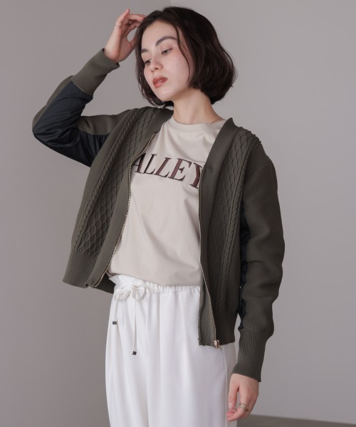 Bou Jeloud（ブージュルード）の「ケーブル布帛ドッキングジップブルゾン（カーディガン/ボレロ・レディース・カーキ/ブラック・FREE）」の10枚目の写真
