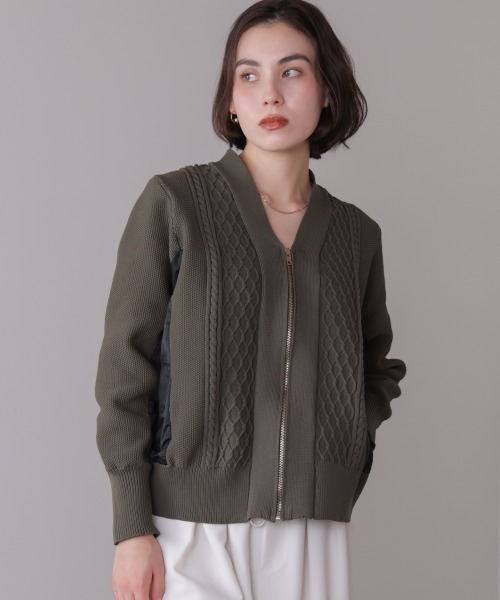 Bou Jeloud（ブージュルード）の「ケーブル布帛ドッキングジップブルゾン（カーディガン/ボレロ・レディース・カーキ/ブラック・FREE）」の11枚目の写真