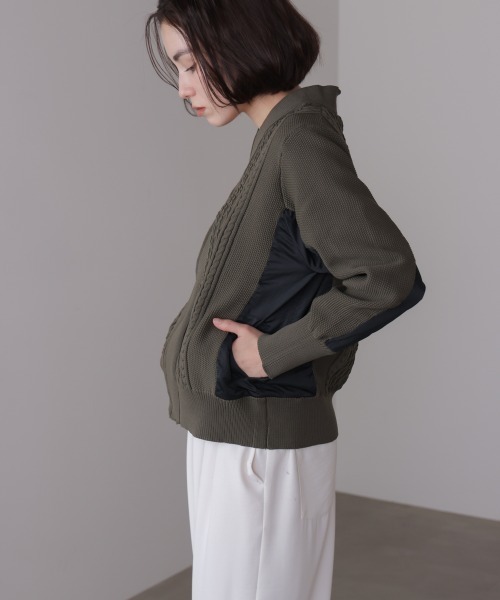 Bou Jeloud（ブージュルード）の「ケーブル布帛ドッキングジップブルゾン（カーディガン/ボレロ・レディース・カーキ/ブラック・FREE）」の14枚目の写真