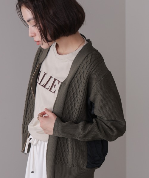 Bou Jeloud（ブージュルード）の「ケーブル布帛ドッキングジップブルゾン（カーディガン/ボレロ・レディース・カーキ/ブラック・FREE）」の3枚目の写真
