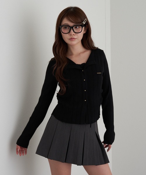 RAY CASSIN(レイカズン)の「レースレイヤードリブ前あきニット(ニット/セーター・レディース・ブラウン/ブラック/ライトベージュ/チャコールグレー・FREE)」の5枚目の写真