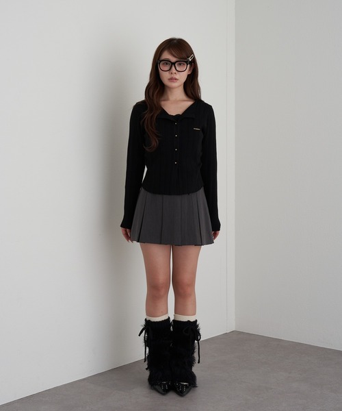 RAY CASSIN(レイカズン)の「レースレイヤードリブ前あきニット(ニット/セーター・レディース・ブラウン/ブラック/ライトベージュ/チャコールグレー・FREE)」の9枚目の写真