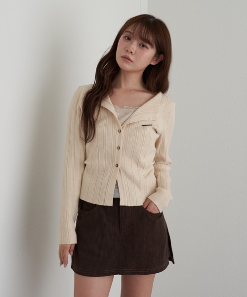 RAY CASSIN(レイカズン)の「レースレイヤードリブ前あきニット(ニット/セーター・レディース・ブラウン/ブラック/ライトベージュ/チャコールグレー・FREE)」の12枚目の写真