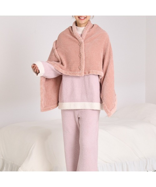 セール】リバーシブルウォームフリース 4WAYポンチョ S ピンク（ルーム