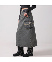 Harper Tassel Pocket Denim Long Skirt YELLOW BLUE