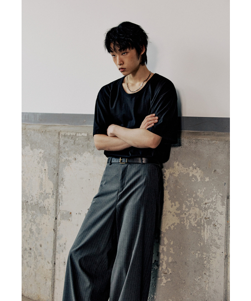 Striped Half-Banded Wide Curved Slacks - Gray