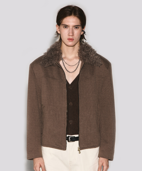 WESLEYHYUSTON(ウェズリーユーストン)の「Dust line fur collar herringbone jacket brown(その他アウター・メンズ・その他・MEDIUM/LARGE)」の1枚目の写真