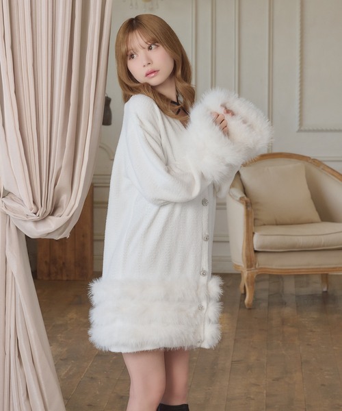 スーパービューティー♡ラビットファー襟ビジューボタンロングカーディガン 8周年記念アイテム】ビジューボタンファーカーディガン【ZOZOTOWN限定