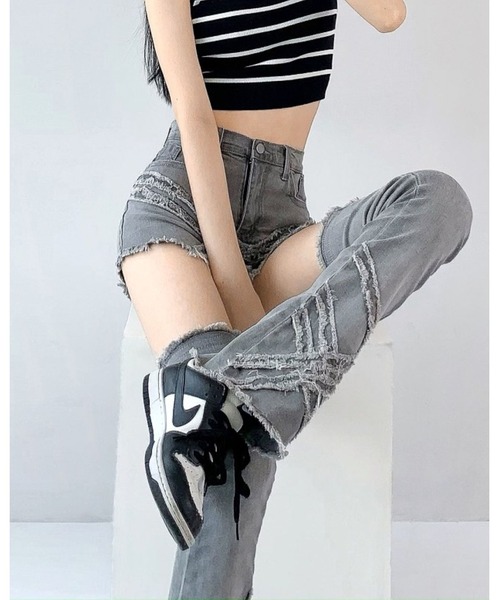 セール】レッグウォーマー付きクロスダメージデニムショートパンツ