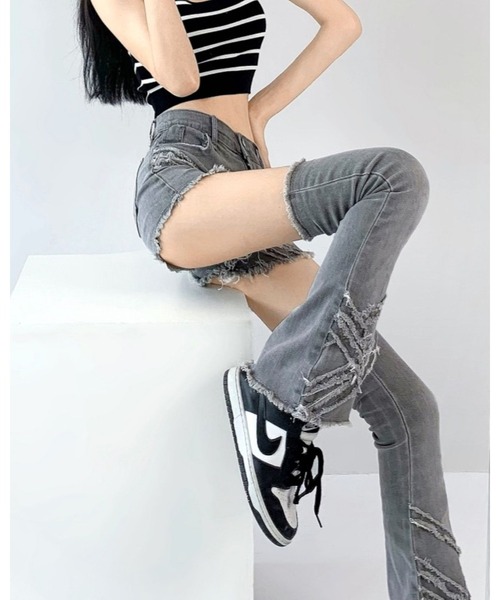 セール】レッグウォーマー付きクロスダメージデニムショートパンツ