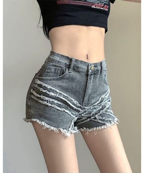 セール】レッグウォーマー付きクロスダメージデニムショートパンツ