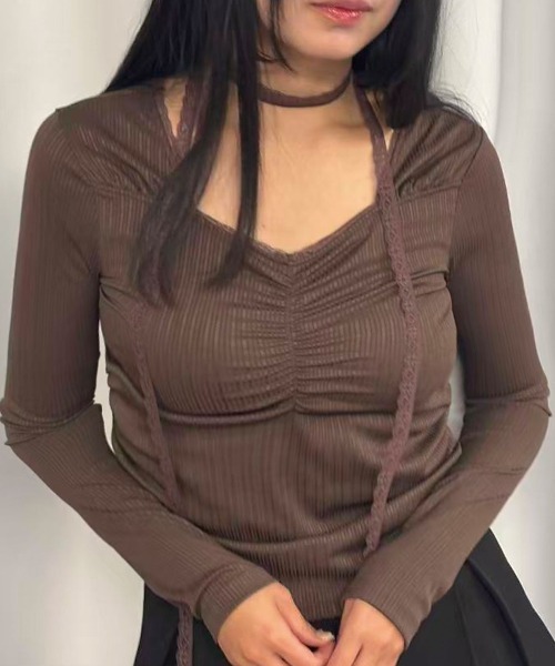 Lots of Love（ロッツオブラブ）の「リブレースタイ付トップス（Tシャツ/カットソー・レディース・ブラウン/オフホワイト/ブラック/レッド・M）」の4枚目の写真