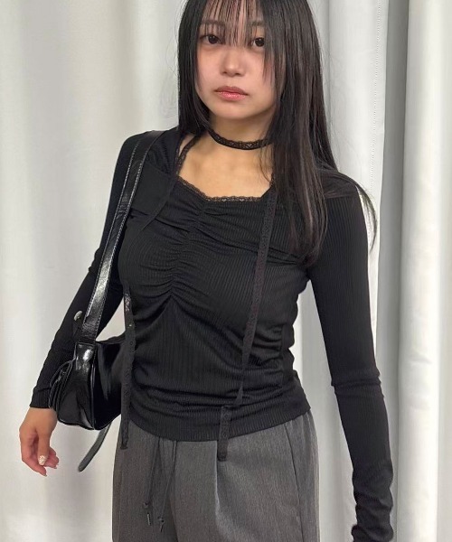 Lots of Love（ロッツオブラブ）の「リブレースタイ付トップス（Tシャツ/カットソー・レディース・ブラウン/オフホワイト/ブラック/レッド・M）」の3枚目の写真