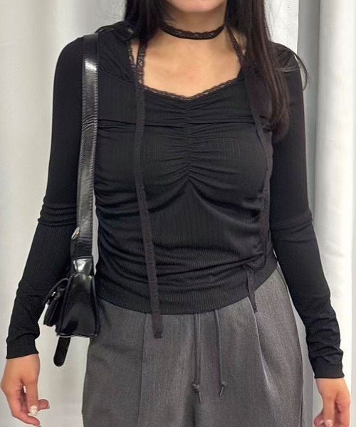 Lots of Love（ロッツオブラブ）の「リブレースタイ付トップス（Tシャツ/カットソー・レディース・ブラウン/オフホワイト/ブラック/レッド・M）」の8枚目の写真