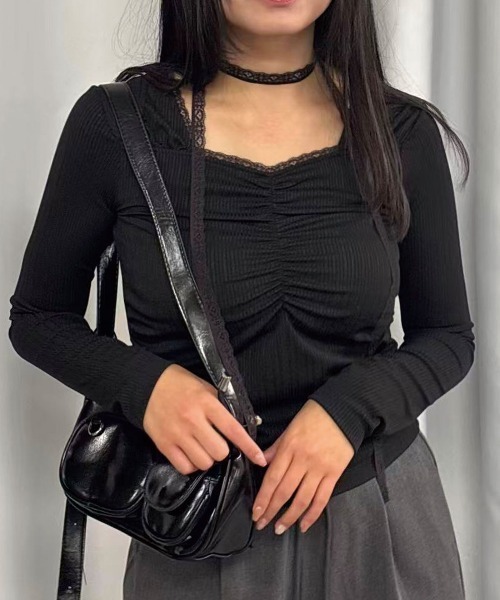 Lots of Love（ロッツオブラブ）の「リブレースタイ付トップス（Tシャツ/カットソー・レディース・ブラウン/オフホワイト/ブラック/レッド・M）」の10枚目の写真