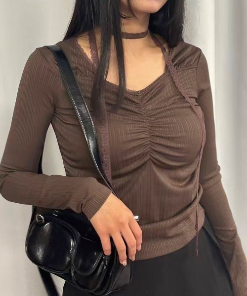 Lots of Love（ロッツオブラブ）の「リブレースタイ付トップス（Tシャツ/カットソー・レディース・ブラウン/オフホワイト/ブラック/レッド・M）」の12枚目の写真