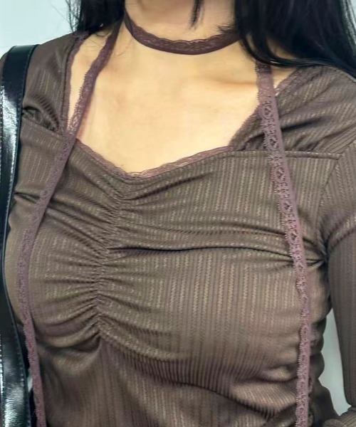 Lots of Love（ロッツオブラブ）の「リブレースタイ付トップス（Tシャツ/カットソー・レディース・ブラウン/オフホワイト/ブラック/レッド・M）」の14枚目の写真