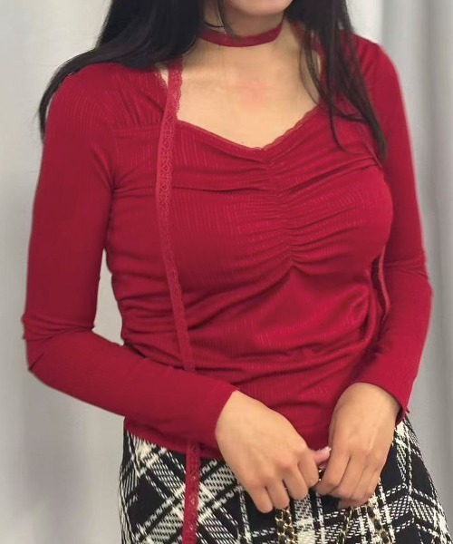 Lots of Love（ロッツオブラブ）の「リブレースタイ付トップス（Tシャツ/カットソー・レディース・ブラウン/オフホワイト/ブラック/レッド・M）」の18枚目の写真