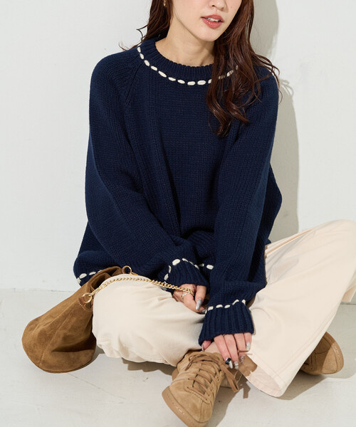 FREAK'S STORE(フリークスストア)の「限定展開 ハンドステッチ クルーネック プルオーバー(ニット/セーター・レディース・チャコール/ネイビー/ブラウン/ナチュラル・フリ-)」の12枚目の写真