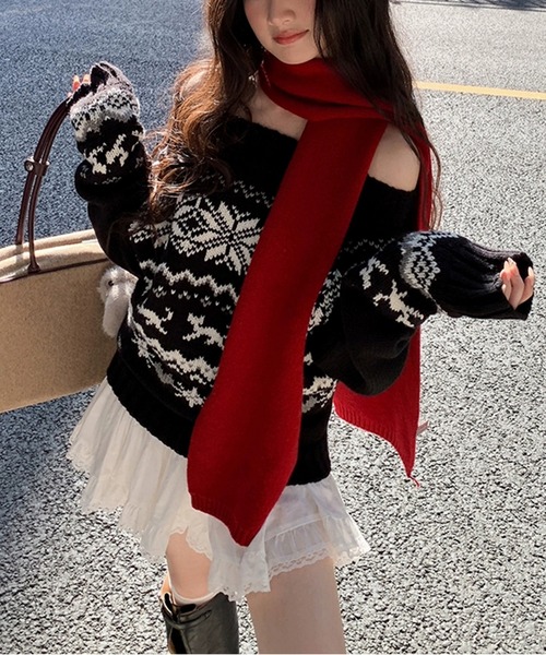 AsheKsha（アシクシャ）の「【新作】一着で様々な着こなし－北欧風ニットトップス（ニット/セーター・レディース・アイボリー/ブラック・M）」の2枚目の写真