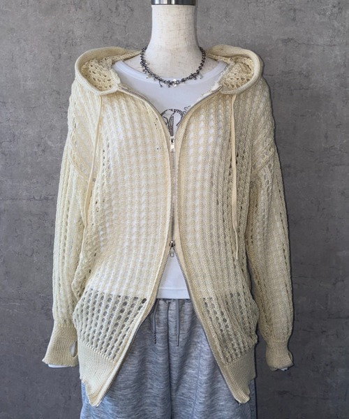 link lot（リンクロット）の「【26年春夏新作】透かし編みメッシュダブルジップアップパーカー（ニット/セーター・レディース・ブラック/アイボリー・F）」の9枚目の写真