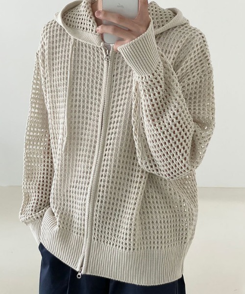 link lot（リンクロット）の「【26年春夏新作】透かし編みメッシュダブルジップアップパーカー（ニット/セーター・レディース・ブラック/アイボリー・F）」の12枚目の写真
