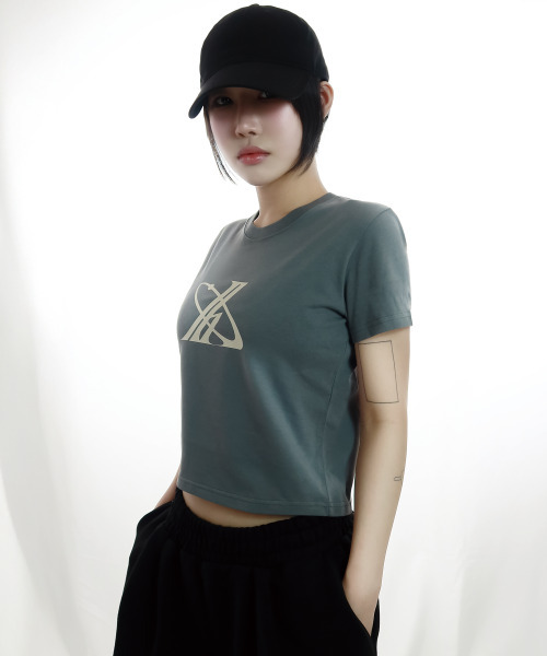 JUSTHANG(ジャストハング)の「ビッグニュートロクリームロゴダークスレートグレークロップTシャツ(Tシャツ/カットソー・レディース・その他・FREE)」の1枚目の写真
