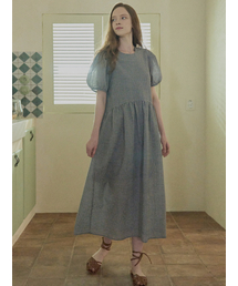 Check Ribbon Puff Long Dress - BLACK