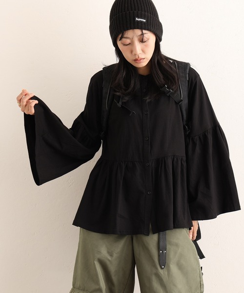 ElegChic(エレグシック)の「ペプラム ギャザーブラウス風カットソー(Tシャツ/カットソー・レディース・ブラック/グレー・4L/XL/M)」の5枚目の写真