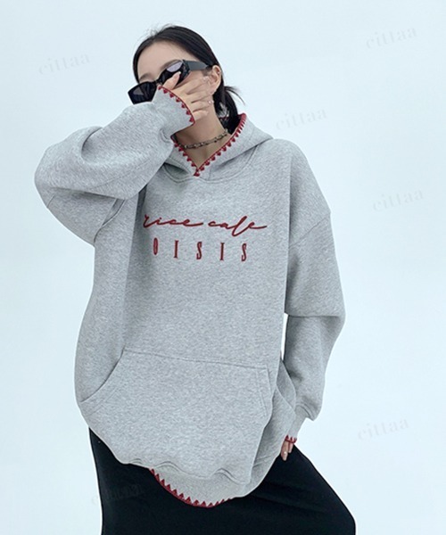 Dalfwin（ダールフィン）の「韓国ファッション ricecake刺繍ロゴ配色ステッチフーディー（パーカー・レディース・グレー/ブルー・FREE）」の4枚目の写真