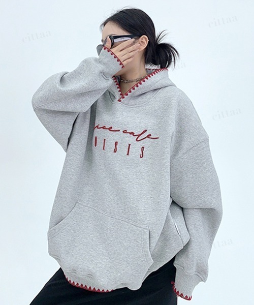 Dalfwin（ダールフィン）の「韓国ファッション ricecake刺繍ロゴ配色ステッチフーディー（パーカー・レディース・グレー/ブルー・FREE）」の5枚目の写真