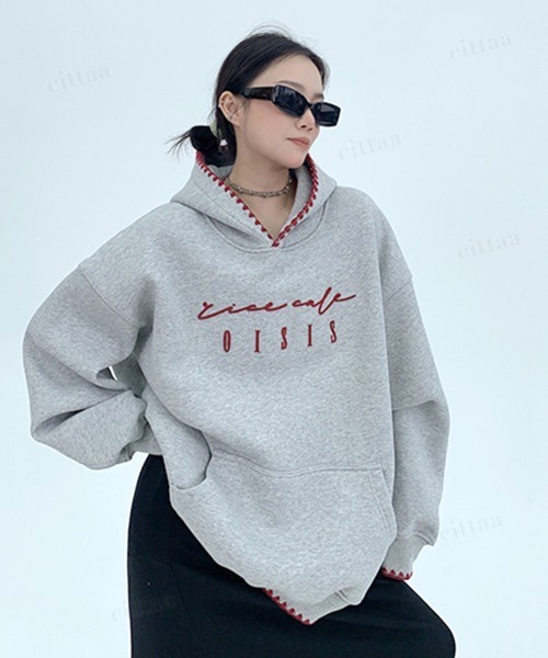 Dalfwin（ダールフィン）の「韓国ファッション ricecake刺繍ロゴ配色ステッチフーディー（パーカー・レディース・グレー/ブルー・FREE）」の6枚目の写真