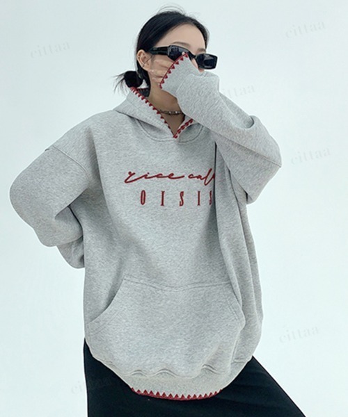 Dalfwin（ダールフィン）の「韓国ファッション ricecake刺繍ロゴ配色ステッチフーディー（パーカー・レディース・グレー/ブルー・FREE）」の7枚目の写真