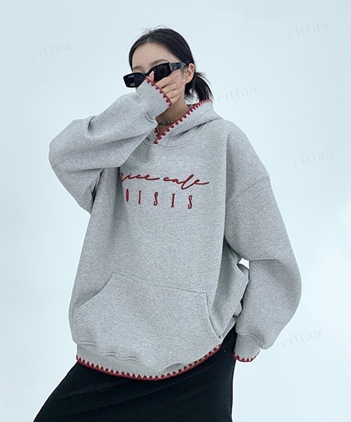 Dalfwin（ダールフィン）の「韓国ファッション ricecake刺繍ロゴ配色ステッチフーディー（パーカー・レディース・グレー/ブルー・FREE）」の8枚目の写真